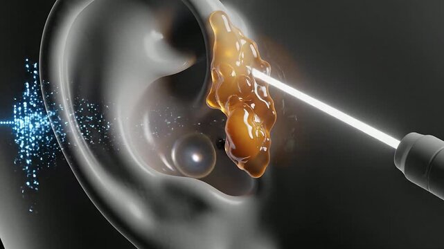 Earwax Blockage Concept: Detailed Illustration of Transparent Ear Canal with Medical Tool Highlighting Removal for Enhanced Ear Hygiene