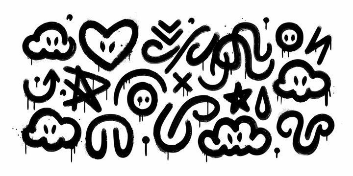 graffiti doodles in edgy black and white style on white background art urban street symbols icons heart
