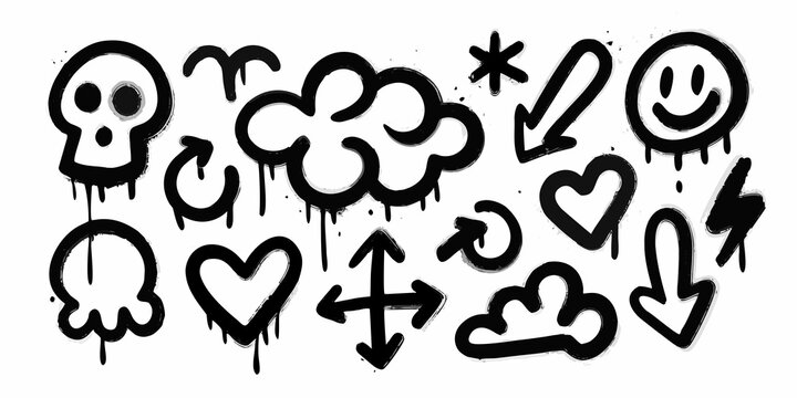 black and white graffiti doodles featuring skulls hearts arrows and smiley faces artwork urban street culture symbols