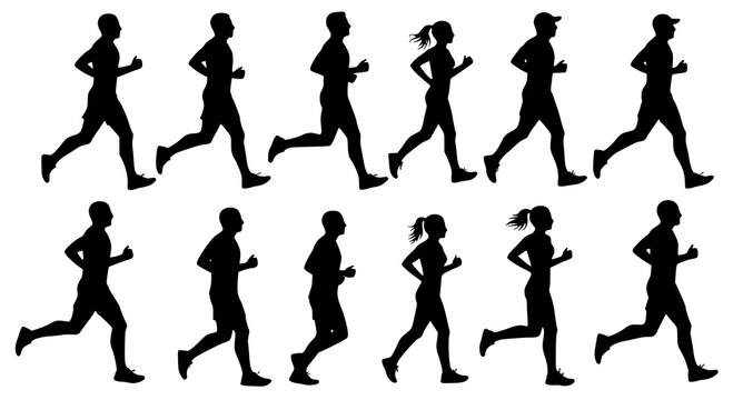 Running men and women, isolated vector silhouettes. Run, side view. Silhouettes of athletic looking male and female runners running. JPEG version.