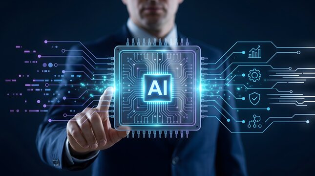 Artificial intelligence microchip integration displaying automated business analytics and secure enterprise workflow