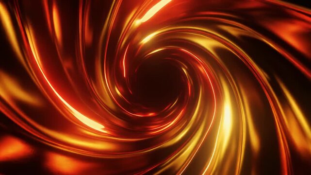 Vivid red and orange silk-like material swirls dramatically into an abstract glowing vortex with bright yellow highlights creating a spiral tunnel effect in darkness