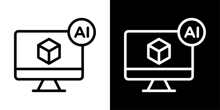 AI computer vision icon featuring monitor with 3D cube representing object recognition, visual analysis, and artificial intelligence.