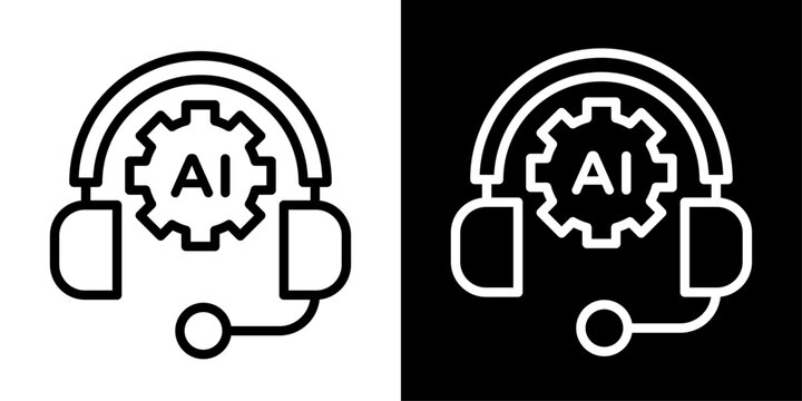AI support icon featuring headset with AI gear representing virtual assistance, customer service, intelligent automation, and technical support.