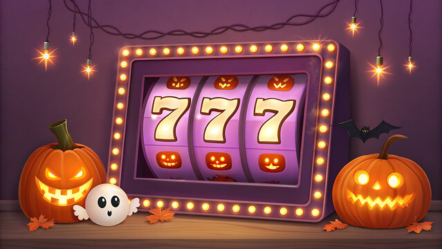 Halloween themed slot machine with lucky triple seven jackpot, spooky jack o lanterns and little ghost