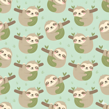seamless pattern of smiling baby cartoon sloths hanging upside down from smooth tree branches