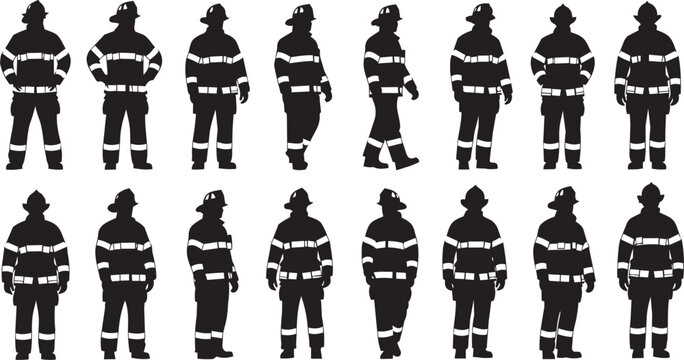 Firefighter silhouettes in protective gear standing in a lineup against a white background