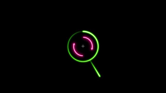 Bright blue neon magnifying glass icon illuminates a dark digital background. 4k animation