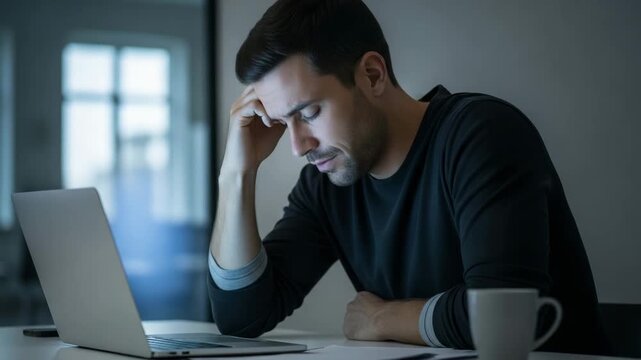 Frustration at Work A man sits at his desk head in hand staring dejectedly at his laptop screen a mug of coffee nearby The dim lighting suggests a late night