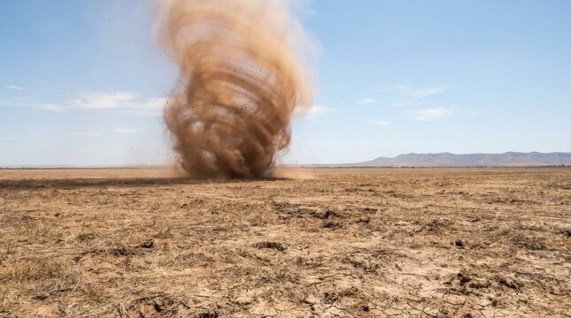 Powerful dust devil spinning over dry, open plains.