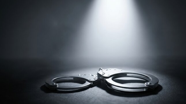 Handcuffs Under Spotlight: A pair of gleaming handcuffs rests on a dark surface, dramatically illuminated by a strong spotlight, symbolizing justice and consequence.
