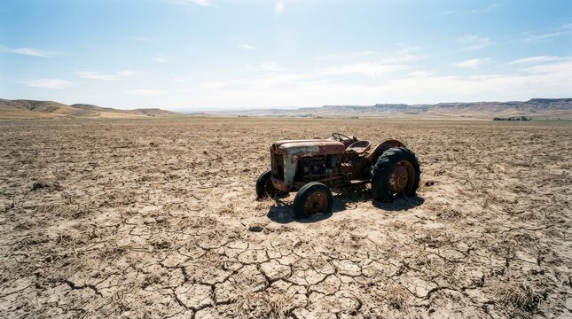 Rusty tractor sits in cracked, arid field.