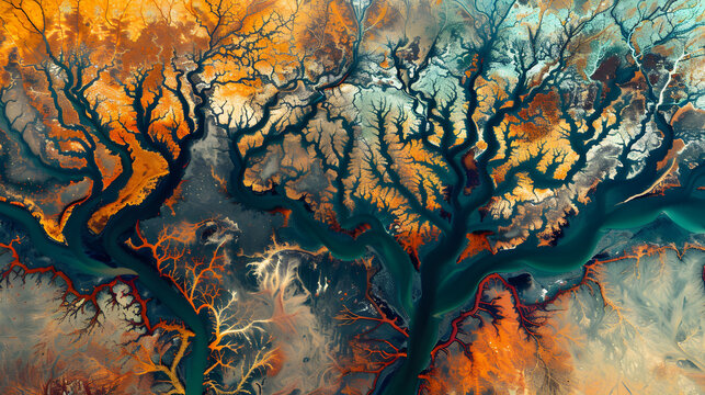Aerial View of Abstract River Delta Branching Veins Pattern