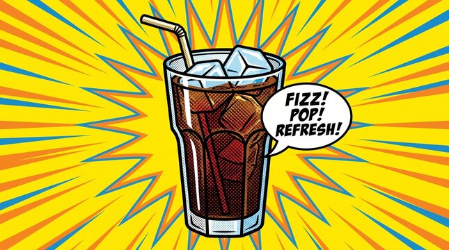 Vibrant retro pop art comic style illustration of a refreshing glass of cola soda with ice cubes straw and text bubble on yellow background