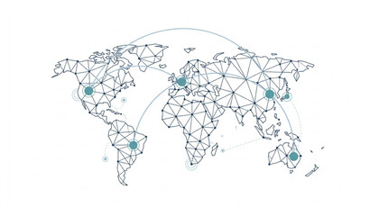 Abstract polygonal mesh world map with global network connection lines and nodes © MdMafijur