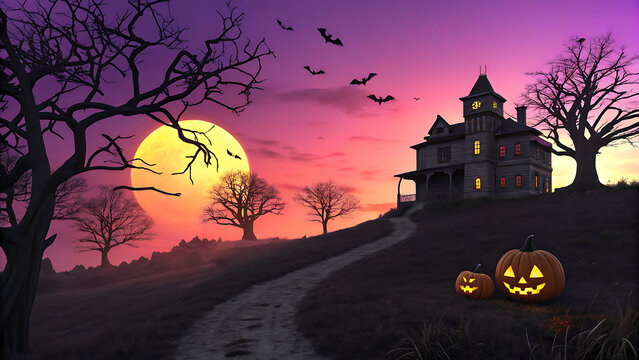 Haunted house on a hill with glowing jack-o'-lantern pumpkins at sunset, Halloween background