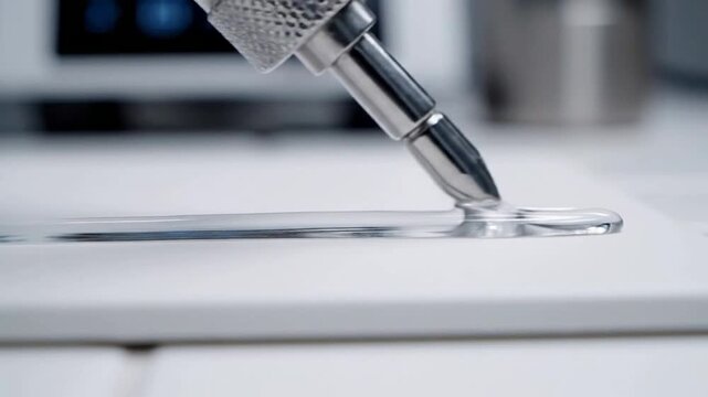 Extreme Macro Close-Up Of A Sterile Applicator Tip Dispensing Liquid In A Clean Clinical Environment