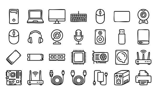 Hand drawn computer hardware and components vector icon set