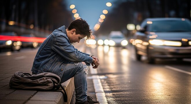 Depressed young man sitting alone on the curb of a busy city street at night.