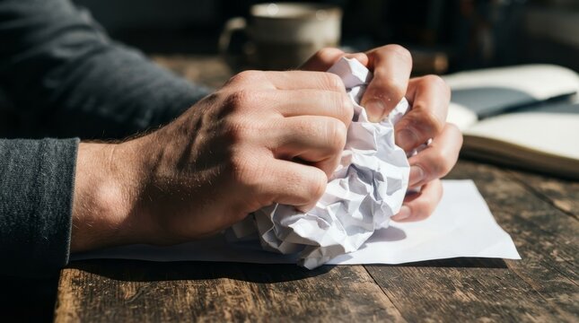 Hands crumpling paper on a wooden surface