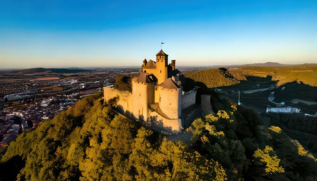 Aerial view of a castle on a hill.