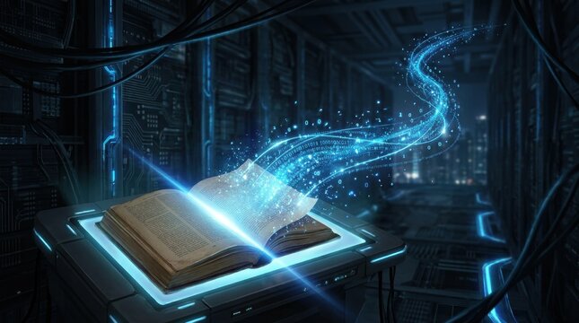 Ancient Knowledge in a Digital Age: An antique book lies open, emitting streams of luminous blue energy that transform into digital data.