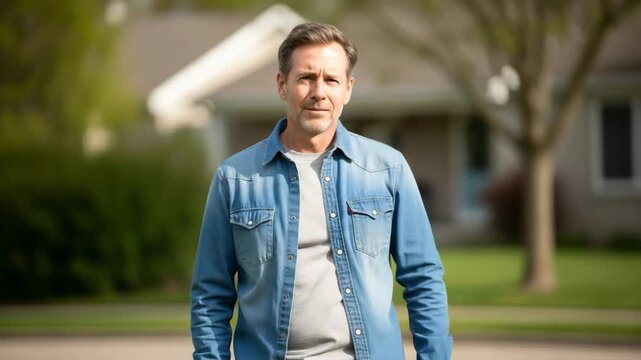 Man in Casual Attire A middle-aged man with a thoughtful expression stands outdoors in a suburban neighborhood dressed in a denim shirt and t shirt