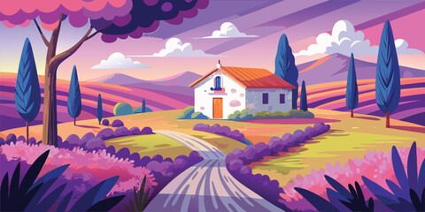 Fototapeta premium Scenic landscape with a small house in a field of lavender flowers under a colorful sunset sky view