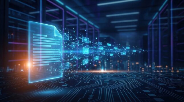 Digital Data Flow: Futuristic digital data streams emanating from a transparent document flow through a circuit board-like environment.