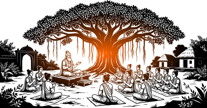 Ancient Indian Gurukul education system illustration featuring a wise guru sage preaching to disciples sitting in a semi-circle under a large banyan tree with a bright orange glow isolated on a white 