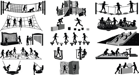 Fototapeta premium Children playing on diverse playground equipment silhouettes set featuring climbing walls, slides, swings, and inclusive activities