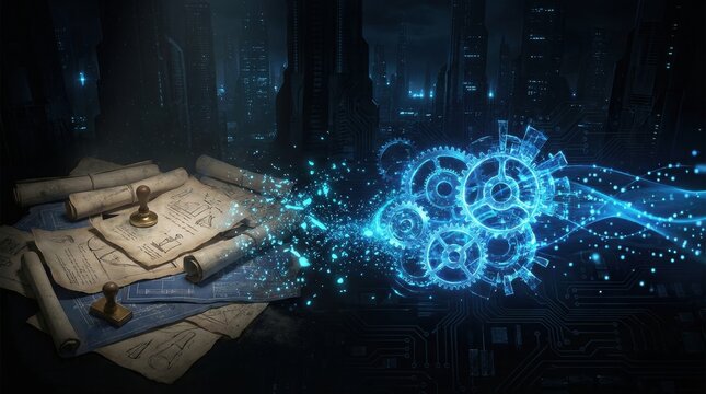 The Genesis of Innovation: Ancient scrolls and seals transform into a vibrant digital matrix of gears and light.