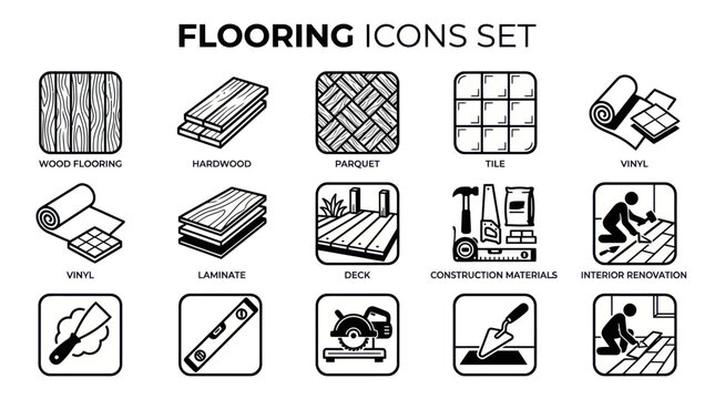 A set of icons depicting various flooring types and construction tools on a wooden surface in a workshop.