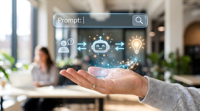 Prompt engineering concept displaying human computer interaction transforming queries into creative intelligent ideas