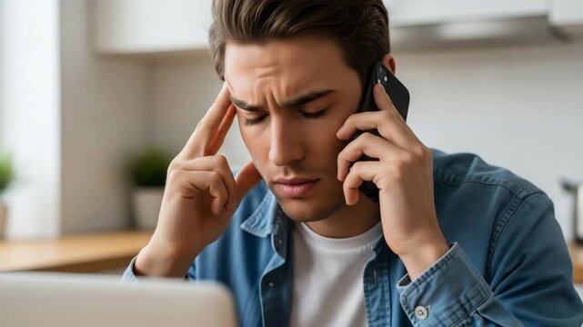 Stressed Man on Phone Call A man with a look of intense concentration and worry on his face speaks on his mobile phone his fingers pressing into his temples