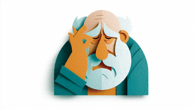 Sad elderly man with white beard and glasses touching his forehead in despair emotional portrait of senior sadness and stress
