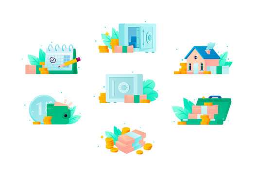 Business finance and real estate investment icon set. Vector flat illustration of money cash stacks, safe box, wallet, calendar and house. Banking, savings and wealth concept.