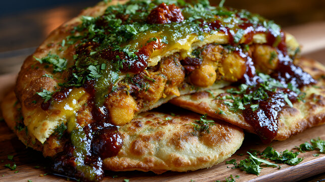 Trinidad Doubles Street Food with Curried Chickpeas in Bara Flatbread and Tamarind Chutney Close Up