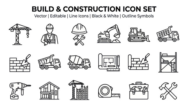 Construction workers build a house with various tools and machinery on a site outdoors