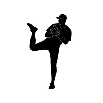 Baseball Pitcher Silhouette in Low Kick Wind-Up Throwing Pose, Dynamic Sports Action Black and White Illustration, Athletic Vector Design Art for Fans