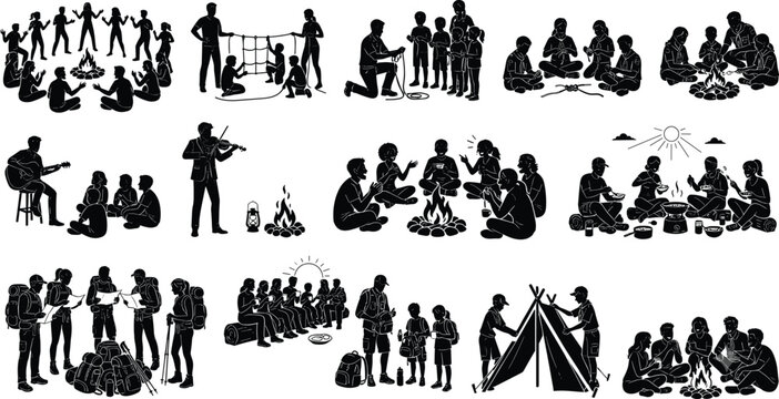 Scouting and outdoor camping activities silhouettes set featuring campfire scenes hiking tent setup and youth skill learning