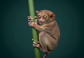 Fototapeta premium A small primate with large expressive eyes clings to a green stalk showcasing its delicate paws and furry physique against a muted verdant backdrop conveying a sense of wonder and gentle
