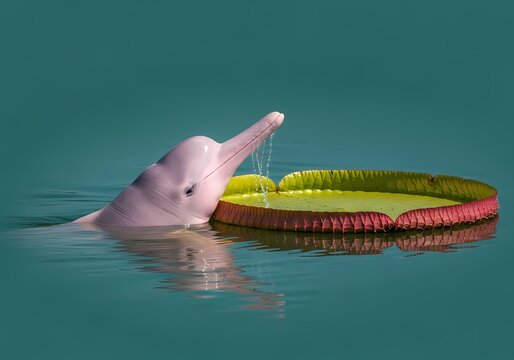 Pink river dolphin emerges gracefully from calm turquoise water interacting with a large green aquatic plant with crimson edges showcasing freshwater wildlife and riparian ecosystems in natural