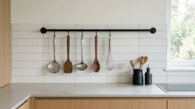 Modern kitchen backsplash featuring black wall rail holding wooden cooking utensils and black ceramic jar containers.