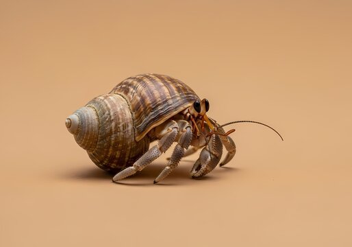 Small crustacean marine creature with a spiral seashell exoskeleton carrying its home along a plain colored surface showcasing its unique shell and segmented body with visible legs and antennae