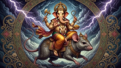 Fototapeta premium Divine representation of lord ganesha riding a mouse amidst a stormy sky with lightning in a traditional artistic style