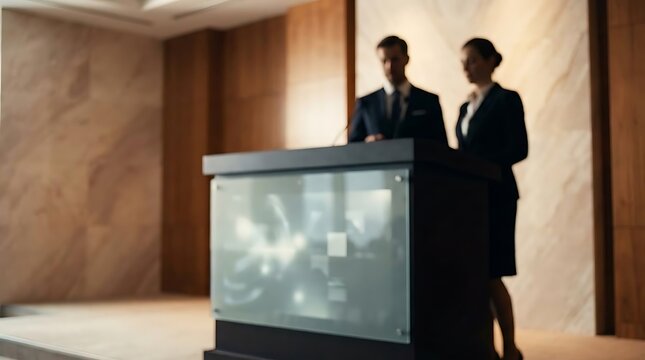 Professionals at information desk in modern office building