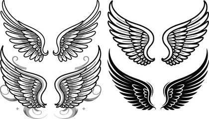 Fototapeta premium Vintage heraldic wings vector set with black and white eagle feather emblems for biker tattoo designs