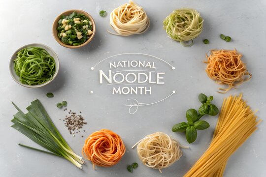 Various colorful raw pasta nests arranged in a circular pattern on a light gray surface with fresh green herbs and spices surrounding the national noodle month text graphic design element.