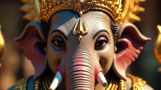 Close up of a vibrant elephant idol with intricate golden ornamentation symbolizing wisdom and prosperity